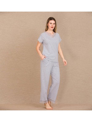 Pileli Store Viskon Şık Tasarım Dantel Işlemeli Gri Kısa Kol Pijama Takımı