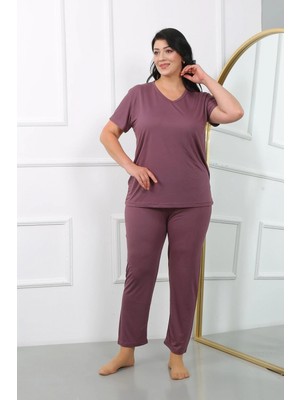 Pileli Store Kadın Büyük Beden Kısa Kol Penye Pijama Takımı Mürdüm