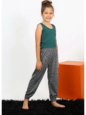 Pileli Store Kız Çocuk Sıfır Kol Zümrüt Yeşili Penye Pijama Takım