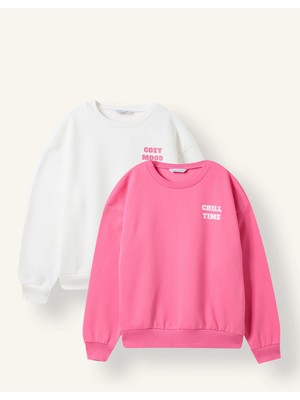 DeFacto Relaxed Fit Bisiklet Yaka Baskılı 2'li Sweatshirt Kız Çocuk I4893A826AU