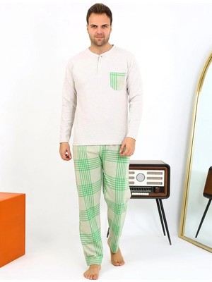Pileli Store Erkek Uzun Kol Penye Krem Pijama Takımı