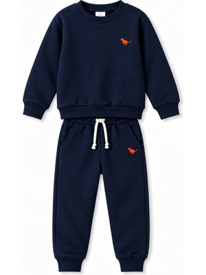 Yiğit Butik Erkek Çocuk Dinozor Nakışlı Bisiklet Yaka Sweatshirt Pantolon 2’li Alt Üst Takım