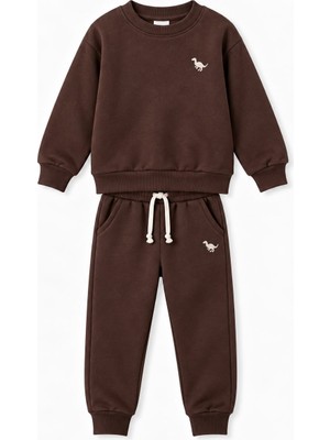 Yiğit Butik Erkek Çocuk Dinozor Nakışlı Bisiklet Yaka Sweatshirt Pantolon 2’li Alt Üst Takım