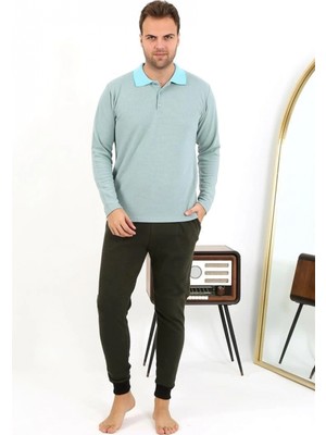 Pileli Store Erkek Polo Yaka Uzun Kol Penye Pijama Takımı Su Yeşili