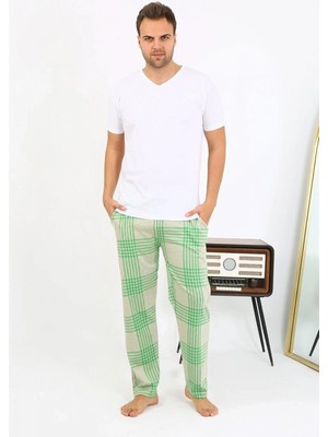 Pileli Store Erkek Ekoseli Desen Penye Tek Alt Pijama Yeşil