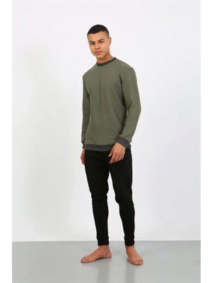 Pileli Store Erkek Uzun Kol Manşetli Paça Penye Pijama Takımı Haki