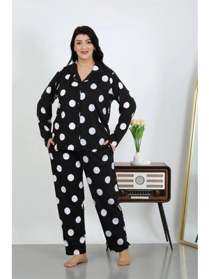 Pileli Store Kadın Büyük Beden Pamuklu Cepli Düğmeli Siyah Pijama Takım