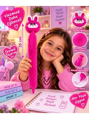 Seymen Bıçakçılık 35 cm Tüylü Peluş Kalem Tavşan Figürlü Sevimli Kalem Çocuk Öğrenci Kırtasiye Kalemi Hediyelik