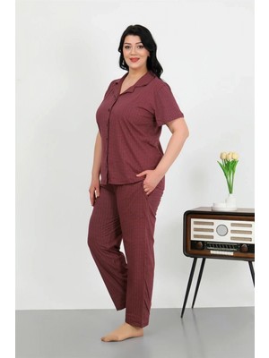 Pileli Store Kadın Büyük Beden Pamuklu Cepli Düğmeli Mor Pijama Takım