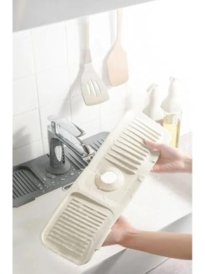 Mey İthalat Düzenleyici; Elastik Musluk Matı Su Tutucu Kaydırmaz Taban Organizer Mutfak Banyo Lavabo, Krem
