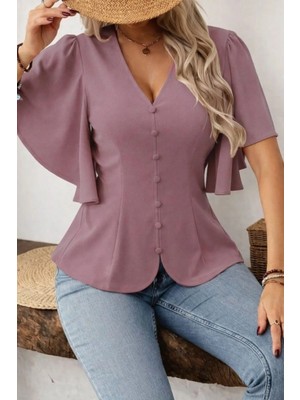 Pileli Store Kadın Kısa Kollu Önden Düğmeli Ithal Krep Bluz