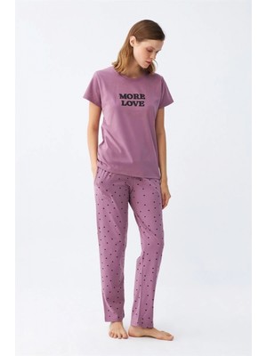 Pileli Store Kadın Mor Yıldız Desenli Penye Kısa Kol Pijama Takımı
