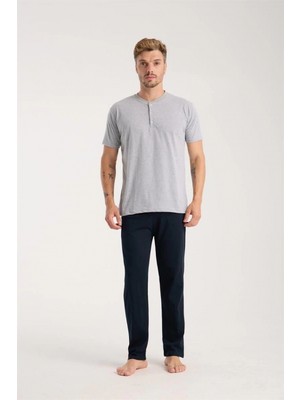 Pileli Store Erkek Gri Düğmeli Yaka Kısa Kol Pijama Takımı