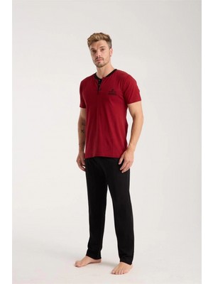 Pileli Store Erkek Bordo Düğmeli Yaka Kısa Kol Pijama Takımı