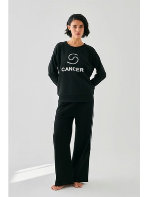 Pileli Store Kadın Siyah Yengeç Burcu Oversize 2 Iplik Eşofman Ev Giyim Takımı