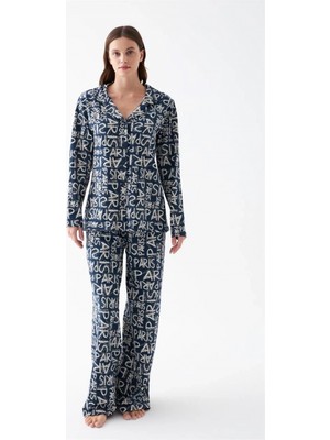 Pileli Store Kadın Lacivert “paris” Yazı Desenli Düğmeli Pamuklu Pijama Takımı