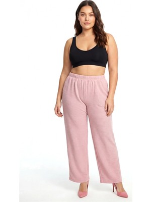 Pileli Store Kadın Pudra Pembe Dokulu Büyük Beden Cepli Pijama Altı