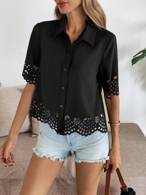 Pileli Store Kadın Kısa Kollu Yakalı Önden Düğmeli Dubai Gömlek Bluz