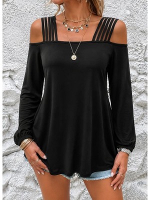 Adisia Kadın Omuzlardan Açık Şerit Detaylı Uzun Kollu Viskon Bluz