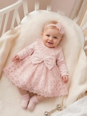 Bebila Baby Kız Bebek Mevlütlük Elbise Bandanalı Dantelli Yeni Doğan Hastane Çıkışı %100 Pamuk Gelinlik Abiye 4030