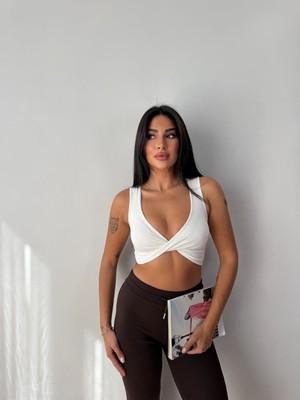 Dut Store Kadın Önü Çarpraz Kendinden Kaplı Crop Büstiyer Beyaz