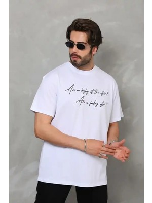 Ayessa Erkek Kısa Kol Yazlık Tişört Bisiklet Yaka Baskılı Oversize T-Shirt - Beyaz Beyaz - Xl