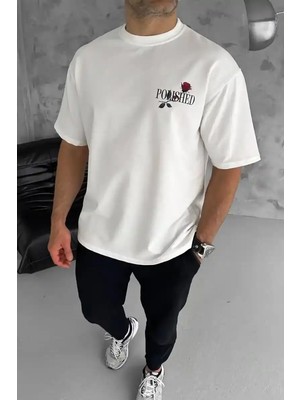 Ayessa Erkek Kısa Kol Yazlık Tişört Bisiklet Yaka Baskılı Oversize T-Shirt - Beyaz Beyaz - M