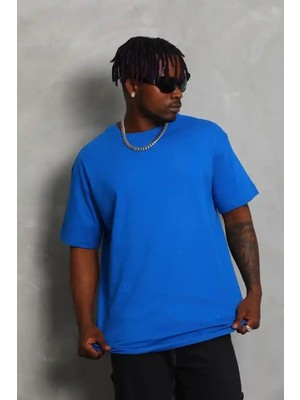 Ayessa Erkek Düz Yazlık Kısa Kol Tişört Bisiklet Yaka Oversize T-Shirt - Mavi Mavi - Xl