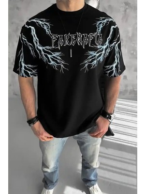 Ayessa Erkek Bisiklet Yaka Tişört Yıldırım Şimşek Baskılı Kısa Kol T-Shirt -Siyah Siyah - 2xl
