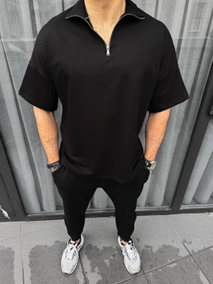 Ayessa Erkek Yarım Fermuarlı Kısa Kol T-Shirt - Siyah Siyah - S