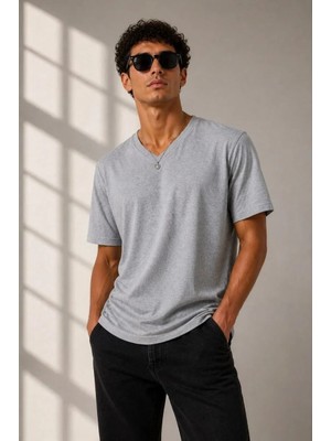 Ayessa Erkek V Yaka Basic Tişört Kısa Kol Yazlık Regular Fit T-Shirt - Gri Gri - Xl