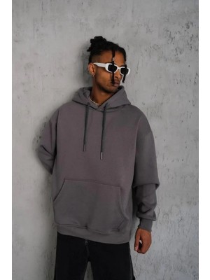 Ayessa Erkek 3 Iplik Pamuklu Kapüşonlu Kanguru Cepli Sweatshirt Hoodie - Gri Gri - S