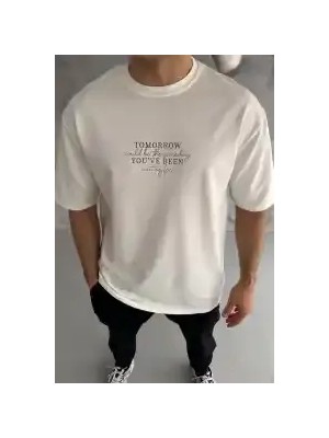 Ayessa Erkek Kısa Kol Yazlık Tişört Bisiklet Yaka Baskılı Oversize T-Shirt - Beyaz Beyaz - M