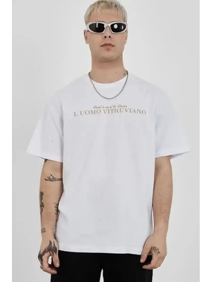 Ayessa Erkek Bisiklet Yaka Tişort Baskılı Oversize Kısa Kol T-Shirt - Beyaz Beyaz - M