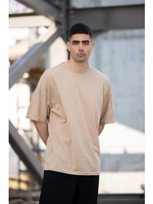 Ayessa Erkek Düz T-Shirt Kısa Kol Bisiklet Yaka Regular Fit Rahat Kalıp Günlük Tişört - Bej Bej - L
