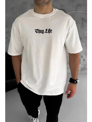 Ayessa Erkek Kısa Kol Yazlık Tişört Bisiklet Yaka Baskılı Oversize T-Shirt - Beyaz Beyaz - S