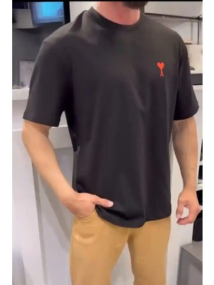 Ayessa Erkek Kısa Kol Tişört Bisiklet Yaka Kalp Baskılı Oversize T-Shirt - Siyah Siyah - 2xl