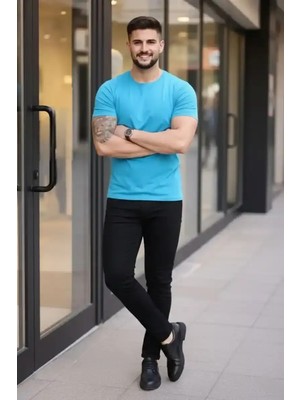 Ayessa Erkek Body Tişört Bisiklet Yaka Slim Fit Likralı T-Shirt - Açık Mavi Açık Mavi - 2xl