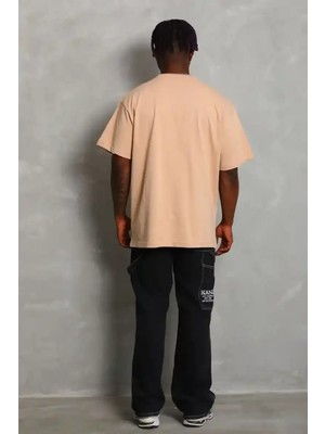 Ayessa Erkek Düz Yazlık Kısa Kol Tişört Bisiklet Yaka Oversize T-Shirt - Bej Bej - L