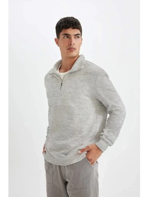 Ayessa Erkek 3 Iplik Pamuklu Uzun Kol Yarım Farmuarlı Yakalı Sweatshirt - Gri Gri - 2xl