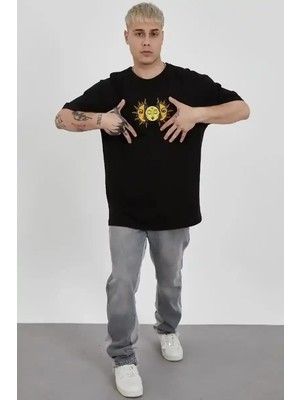 Ayessa Erkek Kısa Kol Yazlık Tişört Bisiklet Yaka Baskılı Oversize T-Shirt - Siyah Siyah - 2xl