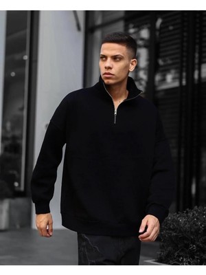 Ayessa Erkek Yarım Fermuarlı Üç Iplik Sweatshirt - Siyah Siyah - 2xl