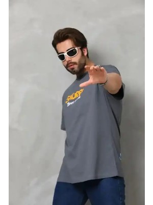 Ayessa Erkek Kısa Kol Yazlık Tişört Bisiklet Yaka Baskılı Oversize T-Shirt - Füme Füme - L