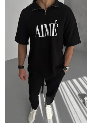 Ayessa Erkek Tişört Yakalı Yarım Fermuarlı  kısa Kol Baskılı T-Shirt - Siyah Siyah - 2xl