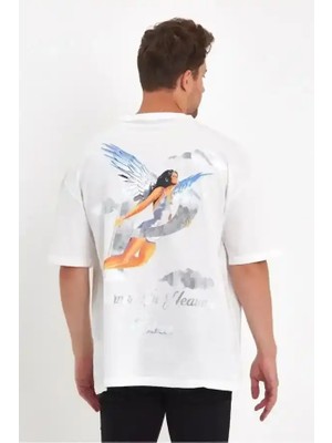 Ayessa Erkek Kısa Kol Tişört Bisiklet Yaka Melek Baskılı Oversize T-Shirt - Beyaz Beyaz - Xl