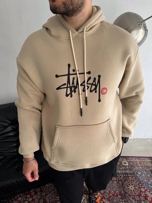 Ayessa Erkek Üç Iplik Kapşonlu Baskılı Sweatshirt - Bej Bej - S