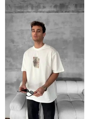 Ayessa Erkek Tişört Kısa Kol Ön ve Arka Baskılı Oversize Bisiklet Yaka T-Shirt - Beyaz Beyaz - Xl