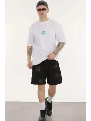Ayessa Erkek Kısa Kol Yazlık Tişört Bisiklet Yaka Baskılı Oversize T-Shirt - Beyaz Beyaz - S