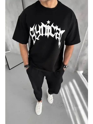 Ayessa Erkek Tişört Bisiklet Yaka Baskılı Oversize Kısa Kol T-Shirt - Siyah Siyah - 2xl