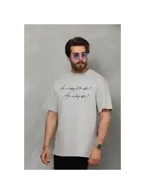 Ayessa Erkek Kısa Kol Yazlık Tişört Bisiklet Yaka Baskılı Oversize T-Shirt - Gri Gri - Xl